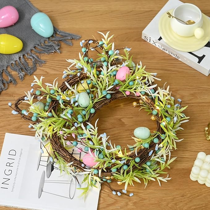 [Timer] Easter Bunny Wreath for Front Door, Lighted Easter Wreaths with 30 LED Warm Lights, Foldable Bunny Wreaths, Pre-Lit Easter Egg Wreath for Spring Decor