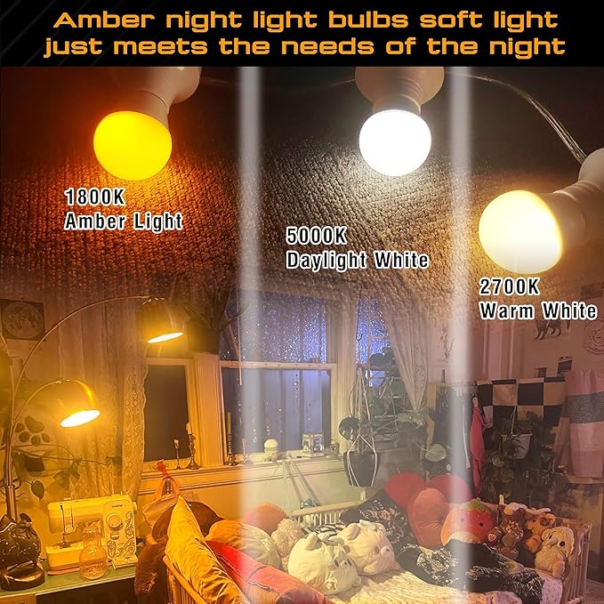 Amber Sleep Light Bulbs 1800k, Blue Light Blocking, Dim Light Bulb 25-40w Equivalent, 3W E26 Warm Amber Night Light for Healthy Sleep, Bedroom, Kids Room, Non-Dimmable, 4 Pack