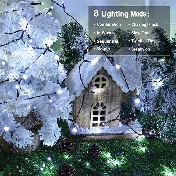 Lomotech Battery Operated Christmas Lights - 2 Pack Total 33ft 100LEDs String Lights 8 Modes Waterproof with Timer for Home, Garden, Party, Holiday, Tree Decoration (Green Wire, White）