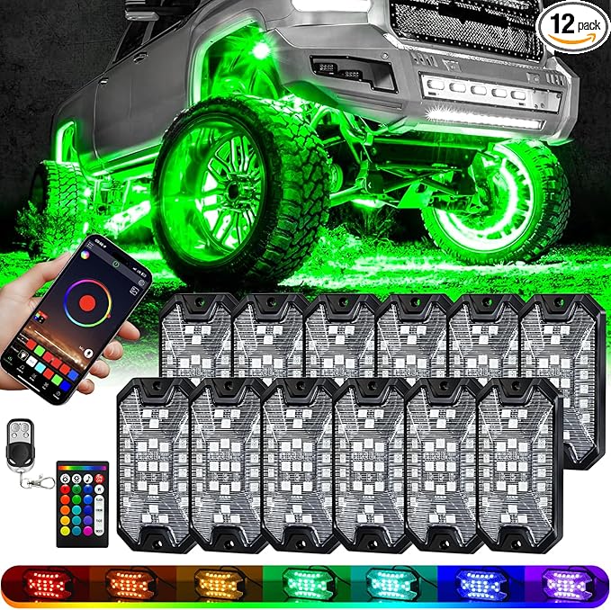 12Pods 5 Sides Full Angle RGB LED Rock Lights Kits High Brightness 27 Beads RGBW 5050 IP68 Waterproof Underglow Multicolor Exterior Wheel Rock Lights for 12V Trucks Jeep Offroad Pickup UTV ATV RZR SUV