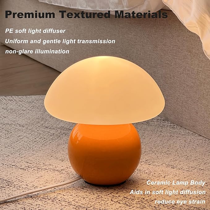 Mushroom Lamp Ceramic Base,Bedside Lamps White Cute 70s Mid Century Modern Decor Lamp for Bedroom,Small Abstract Table Bedside Glass Mood Coze Fun Warm Light