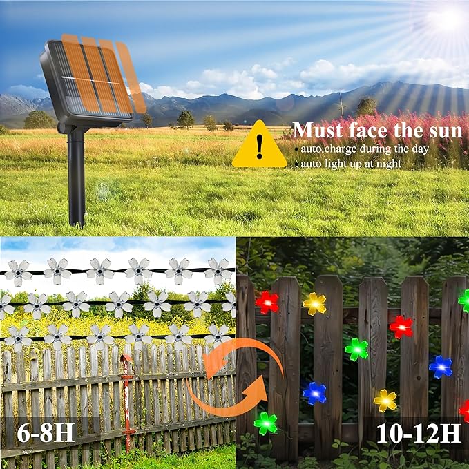 Solar String Lights for Outside，50 LED Solar Flower Lights Outdoor Waterproof ，Solar Powered Outdoor Decorative String Light for Yard, Lawn, Fence, Flower Garden, Christmas Tree Tree(Multi-Colored)