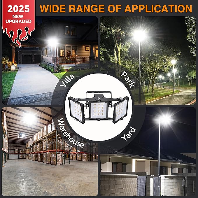 150W 2024 Plus New Upgraded LED Outdoor Flood Light, 15000LM 6000K Daylight White IP66 Waterproof, Stadium Lights, 3 Heads Adjustable Outdoor Floodlight Security Lights for Yards, Patios, Street