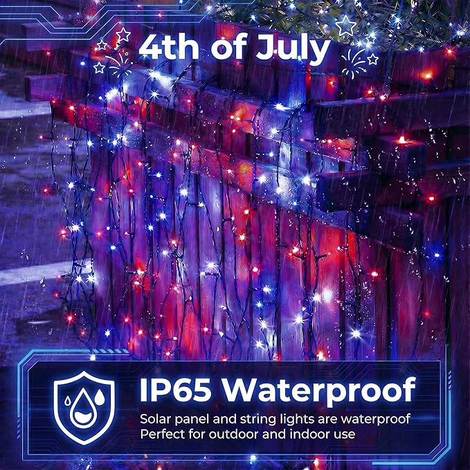 Solar Red White Blue String Lights 46FT 120LED Patriotic Light with 8 Modes Waterproof Solar Powered Outdoor Lights for 4th of July Memorial Day Independence Day Garden Patio Party Decor