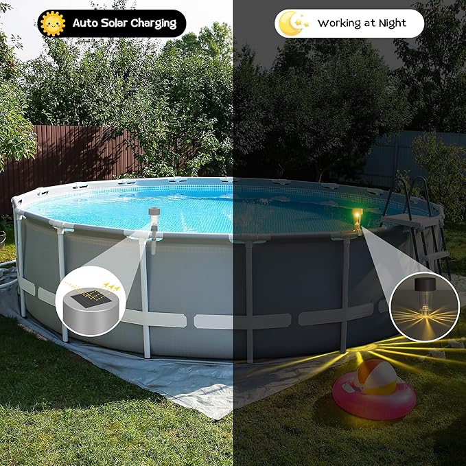 16 Pack Gray Solar Pool Lights for Above Ground Pools LED Solar Lights Warm Yellow Light Waterproof Above Ground Pool Light for Frame Pools Decoration Swimming Pools Night Accessories