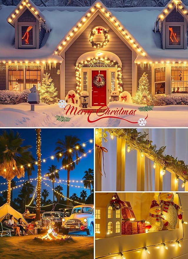 Vintage C9 LED Christmas Lights Outdoor, 100 Feet C9 String Lights with 50 Shatterproof C9 Bulbs, Waterproof Connectable Christmas Tree Lights for Outside Roofline Patio Xmas Decorations, Warm White