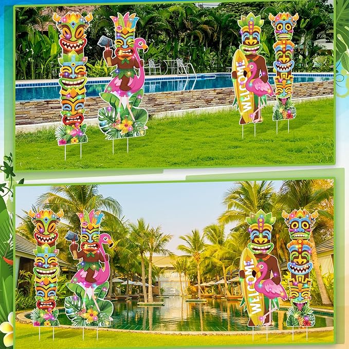 Bencailor 4 Pcs Hawaiian Outdoor Decorations Hawaiian Flamingo Yard Stake Signs with LED Light Large Tropical Beach Party Supplies Decor for Summer Outdoor Lawn Garden Stand Party Supplies