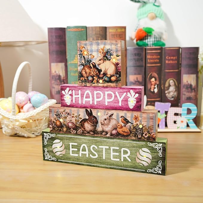 Vintage Easter Decorations Indoor - Led Bunny Retro Decor Light up Happy Easter Wooden Sign for Table Religious Home Office Indoor Decor 9 × 9 Inch