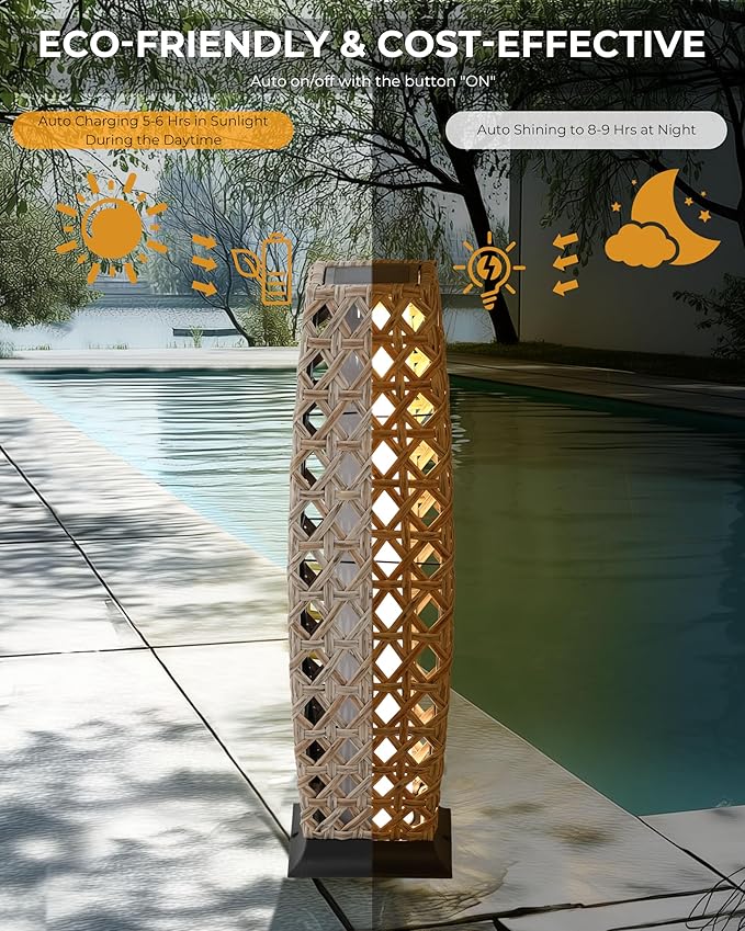 GREEN MORE Rattan Solar Patio Lights,50 Lumen Auto-On/Off Outdoor Floor Solar Lamp, IP65 Waterproof with 8H Runtime for Garden Pathways & Landscape Lighting