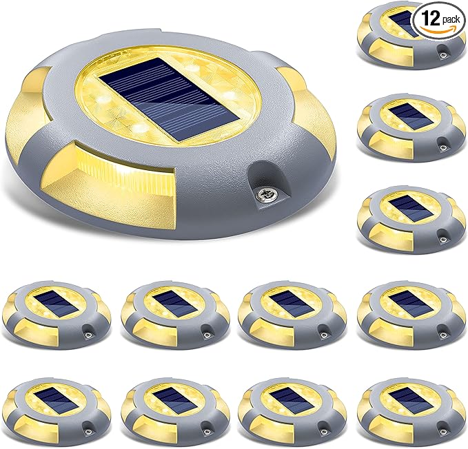 SIEDiNLAR Solar Deck Lights Driveway Dock LED Light Solar Powered Outdoor Waterproof Road Markers for Pathway Step Stair Garden Ground Sidewalk Yard 12 Pack (Warm White)