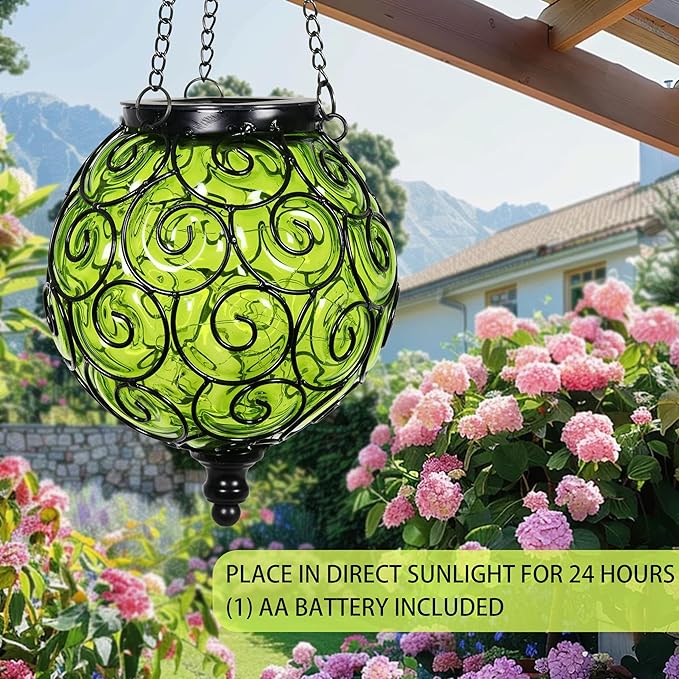 Solar Hanging Lantern Outdoor Garden Lights, Round Glass and Metal Hanging Lantern, 15 Firefly LED Lights, 7 x 20 Inch (Green)