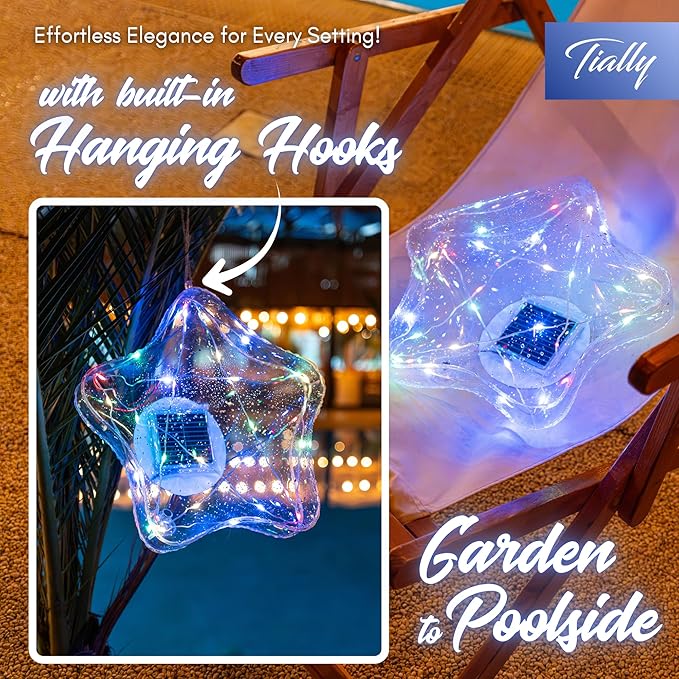 TIALLY Solar Star Lights Outdoor - 14'' Solar Floating Pool Lights, Inflatable & Hangable Outdoor Decorations, Waterproof Solar Powered Star Light - Best Gift Pool Decor (2 Pack Colored)