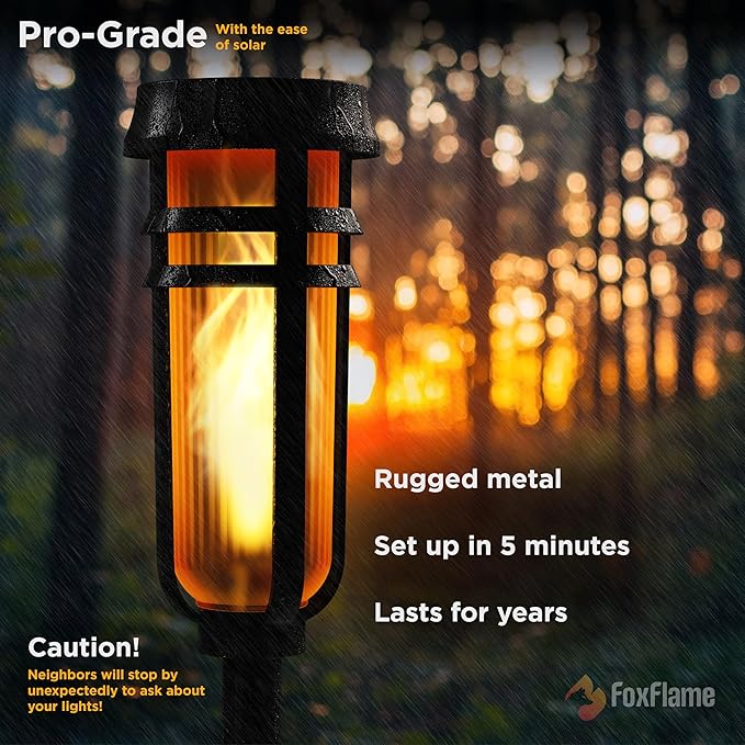 FoxFlame Metal Solar Torch Lights-Adjustable Height (24"- 0"), Outdoor Garden Decor with Patented LED, Waterproof Solar Tiki Torches for Yard,Patio,Garden Pathway,Matte Black–1 Pack