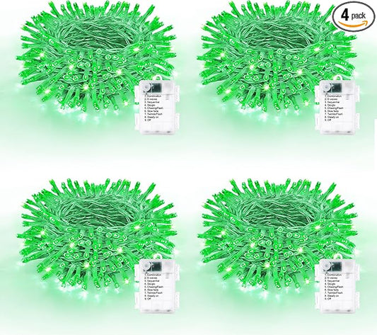 Lomotech St Patrick's Day Decorations Lights - 4 Pack Total 66ft 200LEDs Battery String Lights 8 Modes Waterproof with Timer for Home, Garden, Party, Holiday, Tree Decoration (Clear Wire, Green)