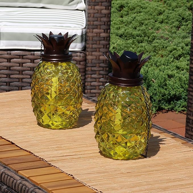 Sunnydaze Tropical Pineapple Glass Patio Torches Set of 2 - 23 to 63-Inch Outdoor Lawn Torch, Garden, Deck & Backyard - Yellow