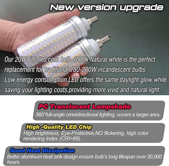 Big1.77x 6.1 inch, E12 200 Watt Equivalent LED Candelabra Bulbs C7,4000K Natural White, 3000 LM T6 E12 20W LED Chandelier Light Bulbs for Ceiling Fan Pendant Lighting Floor Lamp,Non-dimmable, 3 Pack