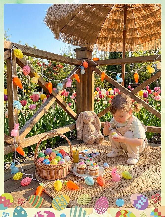 Multicolored Rabbit Cracked Egg and Carrot String Lights, 12FT LED Easter Fairy Light with 20 LED Rabbit Cracked Egg Carrot Lamps, Easter String Lights for Patio Balcony Bedroom Home Easter Decoration