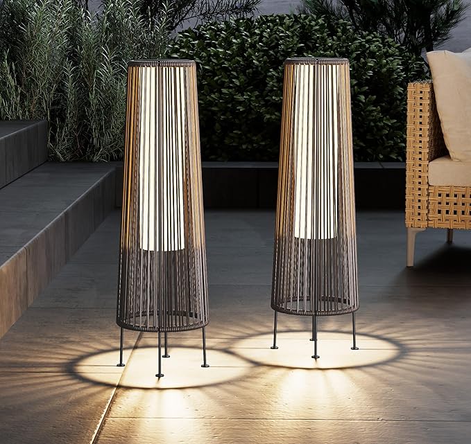 Grand patio 2-Pack Outdoor Floor Solar Light, Wicker Solar Patio Lamp Waterproof Outside Deck Lamp for Porch, Yard, Garden, Lawn Decorations - Light Brown, Gordes 2 PCS