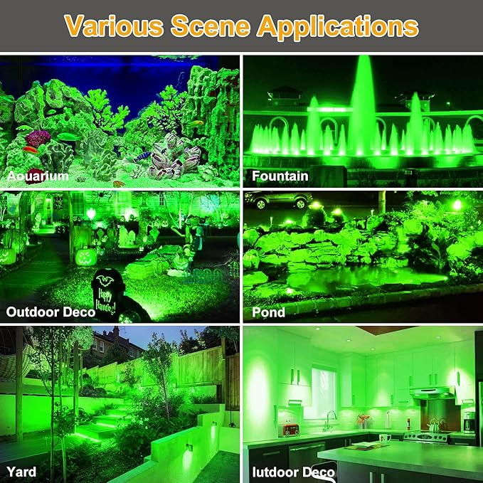 Green Pond Lights, Super Bright LED Underwater Submersible Landscape Spotlights, Switch Control IP68 Waterproof Fountain Lights for Fish Aquarium Tank Garden Yard Tree Pool (Set of 6)