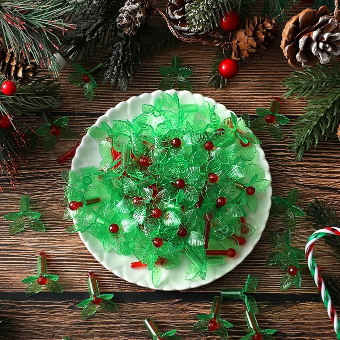 Jutom 100 Pcs Ceramic Christmas Tree Replacement Lights Plastic Vintage Green and Red Holly Ceramic Christmas Tree Lights for Halloween Christmas Ornament