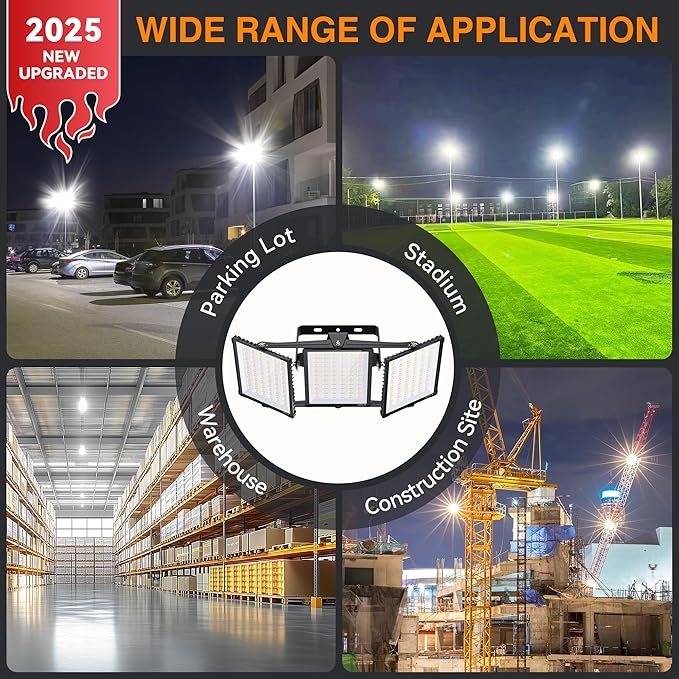 600W 2025 Plus New Upgraded LED Outdoor Flood Light, 15000LM 6000K Daylight White IP66 Waterproof, Stadium Lights, 3 Heads Adjustable Outdoor Floodlight Security Lights for Yards, Patios, Street
