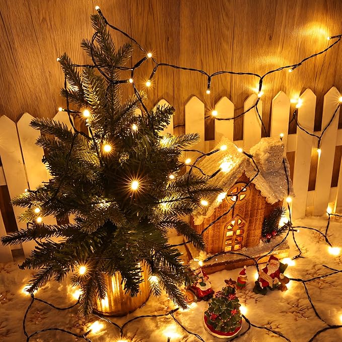 Battery Operated Christmas Lights - 2 Pack Total 33ft 100 LED Battery String Lights 8 Modes Waterproof with Timer for Home, Garden, Party, Holiday, Christmas Tree Decoration (Green Wire, Warm White)