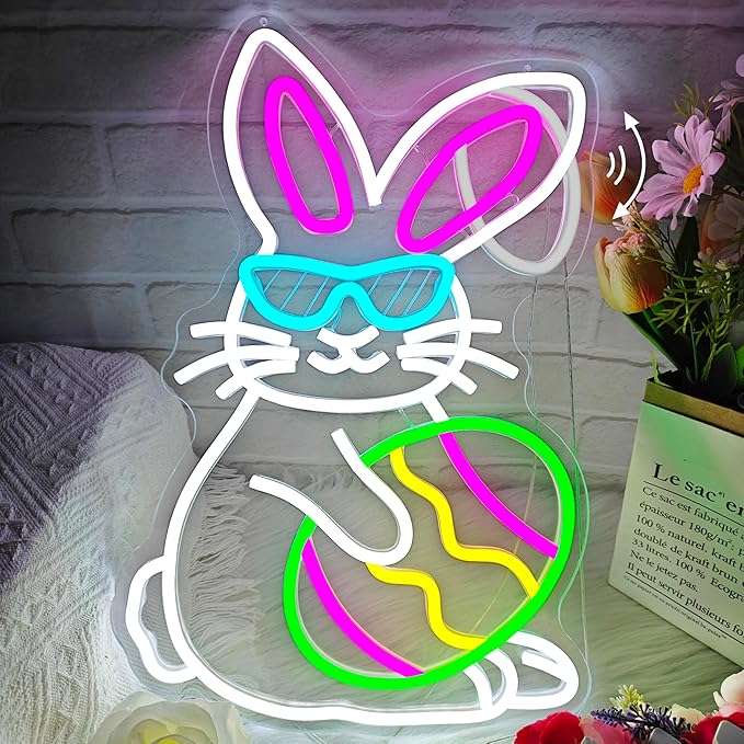 Easter Bunny Neon Sign Dimmable Easter Ear Waving Neon Light for Wall Decor Led Animated Bunny Ear Decoration for Window Light Up Sign for Bedroom