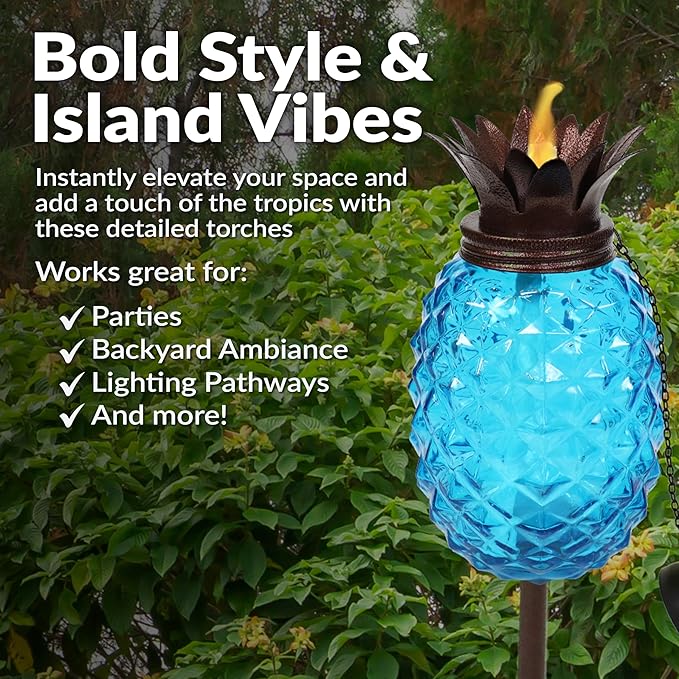 Sunnydaze Tropical Pineapple Glass Patio Torches Set of 2 - 23 to 63-Inch Outdoor Lawn Torch, Garden, Deck & Backyard - Blue