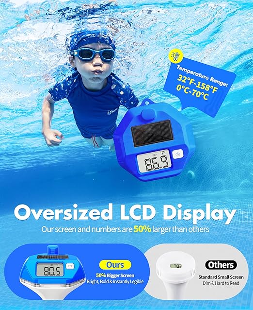 2026 Solar Wireless Pool Thermometer, 650FT Transmission | Extra-Large Backlit Digital Display - Easy Read at Night | IP68 Waterproof Floating Pool Temperature Thermometer for Hot Tub, Spa