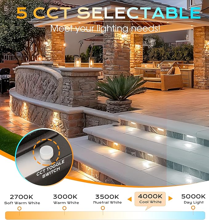 CLOUDY BAY [8 Pack] 4 Inch 3W 5CCT Hardscape Paver Light,Retainng Wall Lights Outdoor,IP65 Waterproof,2700K/3000K/3500K/4000K/5000K Selectable,12V-15 VAC/DC Low Voltage,Frost Lens Step Deck Light