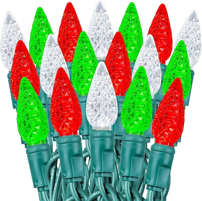 70 Light 24Ft Commercial Christmas String Lights C6 LED Strawberry Faceted Bulb – Red/Green/Pure White, Green Wire, Indoor/Outdoor, Full Wave No Flicker, Connect 43 Sets