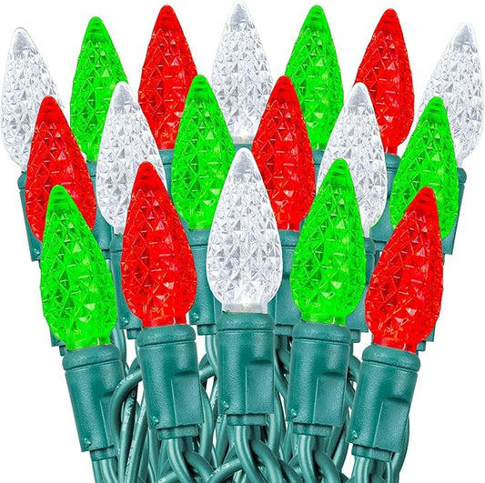 70 Light 24Ft Commercial Christmas String Lights C6 LED Strawberry Faceted Bulb – Red/Green/Pure White, Green Wire, Indoor/Outdoor, Full Wave No Flicker, Connect 43 Sets