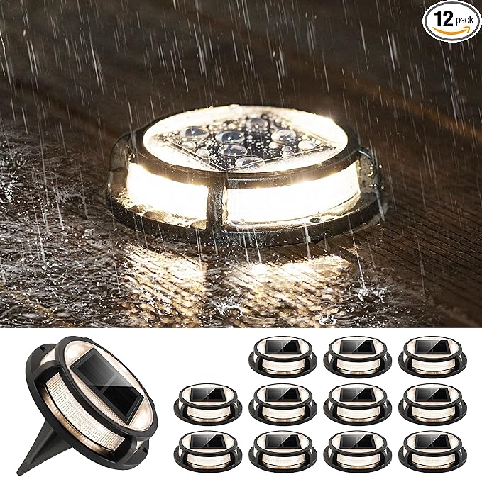 LUTEC 12 Pack Solar Driveway Lights, 12 LEDs IP67 Waterproof Outdoor Solar Dock Driveway Marker Lights for Step, Sidewalk, Pathway, Patio, Garden(Warm White)