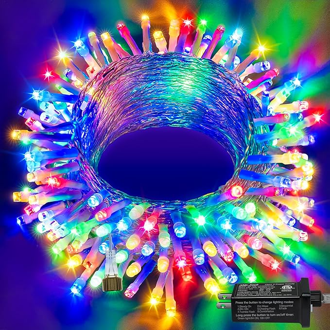 Ollny 120LED 40FT Christmas Lights, Waterproof Connectable String Lights with Timer 8 Modes, Multicolor Plug in Fairy Light for Indoor Outdoor Bedroom Xmas Tree Holiday Party Decorations