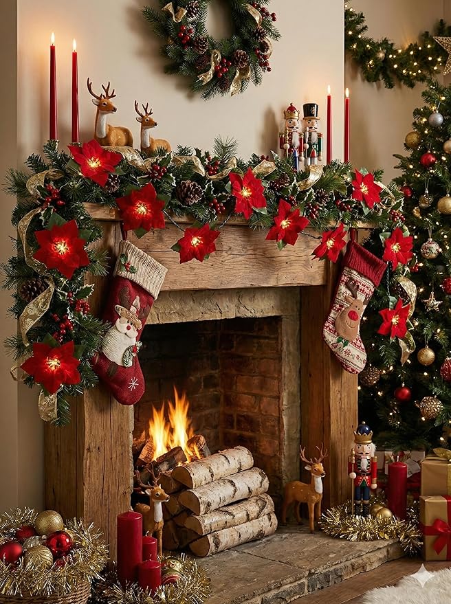 8.5FT Christmas LED Flower String Lights, Christmas Decorations Lights Outdoor with 10 LED Red and Green Flowers Bulbs, Plug in Flower Fairy Light for Valentines Wedding Garden Porch Floral Decor