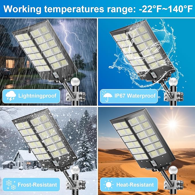 Solar Street Lights Outdoor Waterproof 9000W - LED Solar Powered Street Light Dusk to Dawn with Mention Sensor, Heavy Duty Large Outdoor Solar Lights for Parking Lot/Garden/Yard/Pathway Lighting