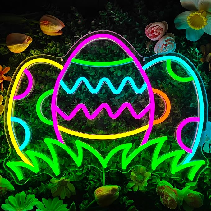 Easter Eggs Neon Sign Dimmable Easter Window Lights Three Colorful Eggs On Grass Neon Lights Egg Hunt Led Sign Happy Holiday Window Lights Decorations