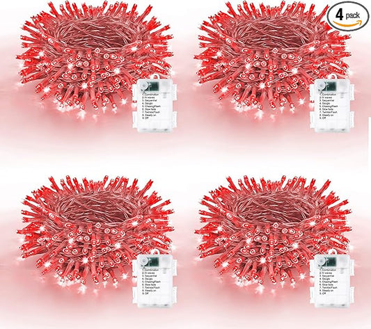Lomotech Valentine's Day Decorations Lights - 4 Pack Total 66ft 200LEDs Battery String Lights 8 Modes Waterproof with Timer for Home, Garden, Party, Holiday, Tree Decoration (Clear Wire, Red)