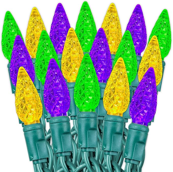 70 Light 24Ft Mardi Gras Lights Commercial String Lights C6 LED Strawberry Faceted Bulb – Yellow/Purple/Green, Green Wire, Indoor/Outdoor, Full Wave No Flicker, Connect 43 Sets