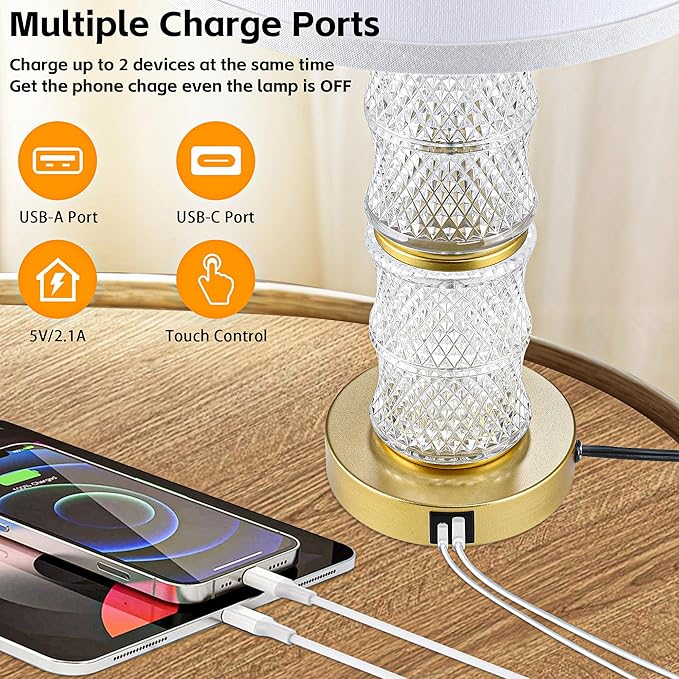 GRUENLICH Crystal Table Lamp Set of 2, 3-Way Dimmable Nightstand Lamp with Touch Control, USB C+A Charging Ports for Living Room Bedroom End Tables Office and Entryway （Gold）