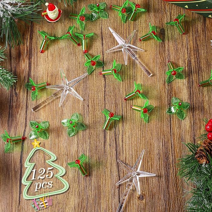 125 Piece Ceramic Christmas Tree Replacement Lights - Red Holly Bulbs & Star Toppers - Medium Size - Green & Red - Christmas & Occasion Decorations