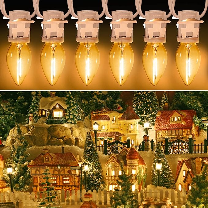 Christmas Village Light Accessory Cord with 6 LED Bulb, 11.5 ft C7 LED Lamp with Dual Fuse and On/Off Switch Plugs for Christmas Village House Crafts Pumpkin Lights(2 Pack)