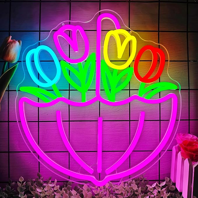 Spring Flower Umbrella Neon Sign Dimmable Tulips Neon Lights April Showers Bring May Flowers Led Sign Easter Wall Art Spring Decorations for Office Classroom