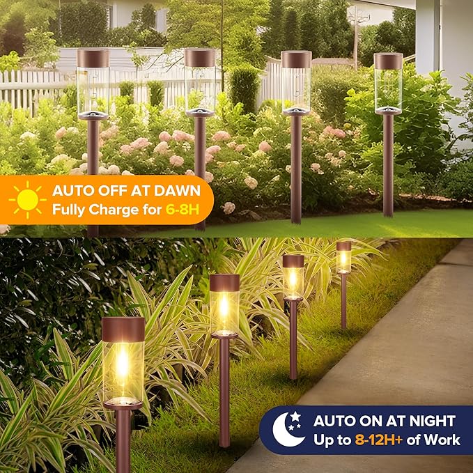 UME 10 Pack Solar Pathway Lights Outdoor, Bright Solar Garden Lights with Metal Design–IP65 Waterproof, Auto On/Off, 3000K LED Landscape Lighting for Yard, Lawn, Walkway, Driveway, Patio Decor
