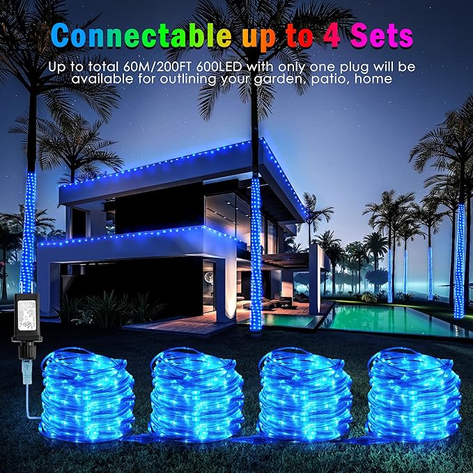 OMIKA 100FT 300 LED Connectable Rope Lights, 24 Color Changing Outdoor String Lights Plug in with Remote, Extendable IP68 Waterproof Fairy Lights for Outside Garden Patio Deck Bedroom Christmas Decor