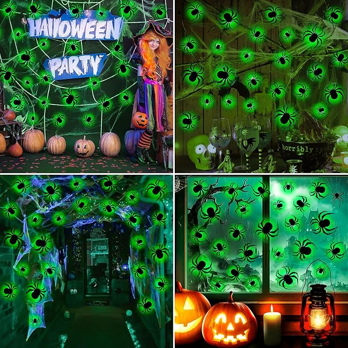 36 PCS LED Green Lighted 3D Spiders Halloween Decoration, 4 Sizes Shapes Removable PVC Spiders Sticker, Waterproof Halloween Spider Wall Decor for Home Indoor Outdoor Room Window Door Wall Party Decor