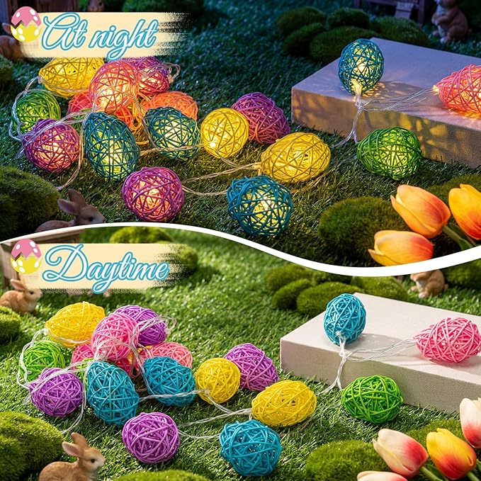 Easter Egg String Lights - 9.8ft 20 LED Candy Color Rattan Egg Lights, Battery Powered, Steady Flash Modes Portable for Easter Spring Home Party Table Window Mantel Decoration