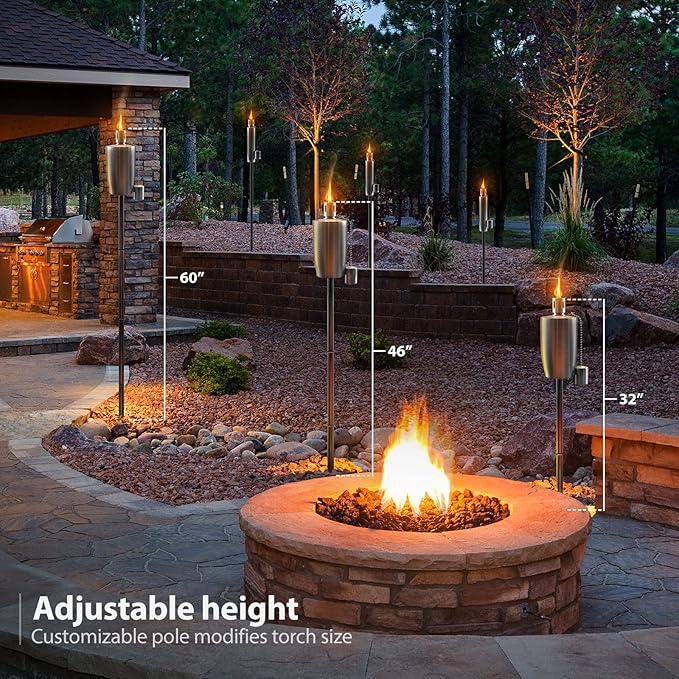 Matney Stainless Steel Outdoor Torches - Decorative Garden & Yard Lights - 5 ft Oil Lamp for Citronella - Fiberglass Wick & Snuffer Cap - Set of 4 (Barrel)