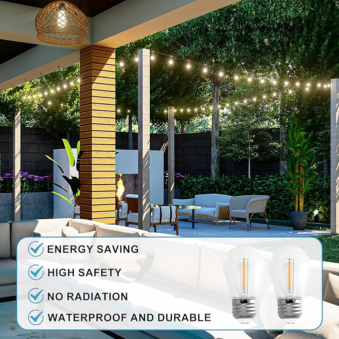 15-Pack S14 LED Replace Light Bulbs for Patio String Light Shatter-Resistant Waterproof Hanging Light Bulbs for Outdoor String Lights Base E26 (15 Per Box)