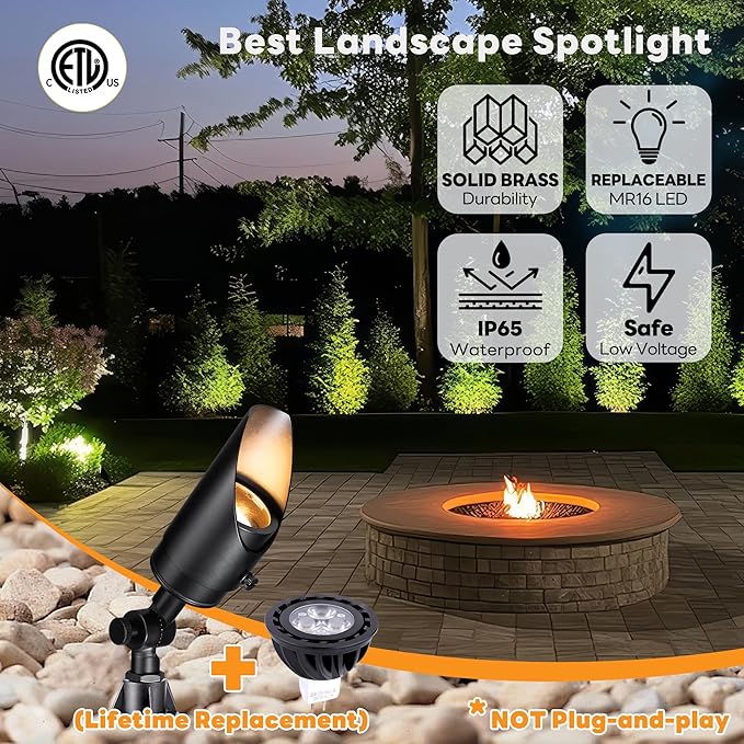Gardenreet Brass Landscape Lighting Black, Low Voltage Spotlights Outdoor, 12V LED Wired Uplights, Waterproof Spot Lights for Outside Trees, with 5W 5000K Daylight MR16 Bulb (4 Pack)